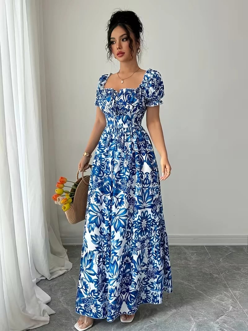 Elegant Floral Print Maxi Dress with Puff Sleeves, Square Neckline, and Backless Design - Perfect for Vacation or Date Night, Spring/Summer Collection, Cute Dress