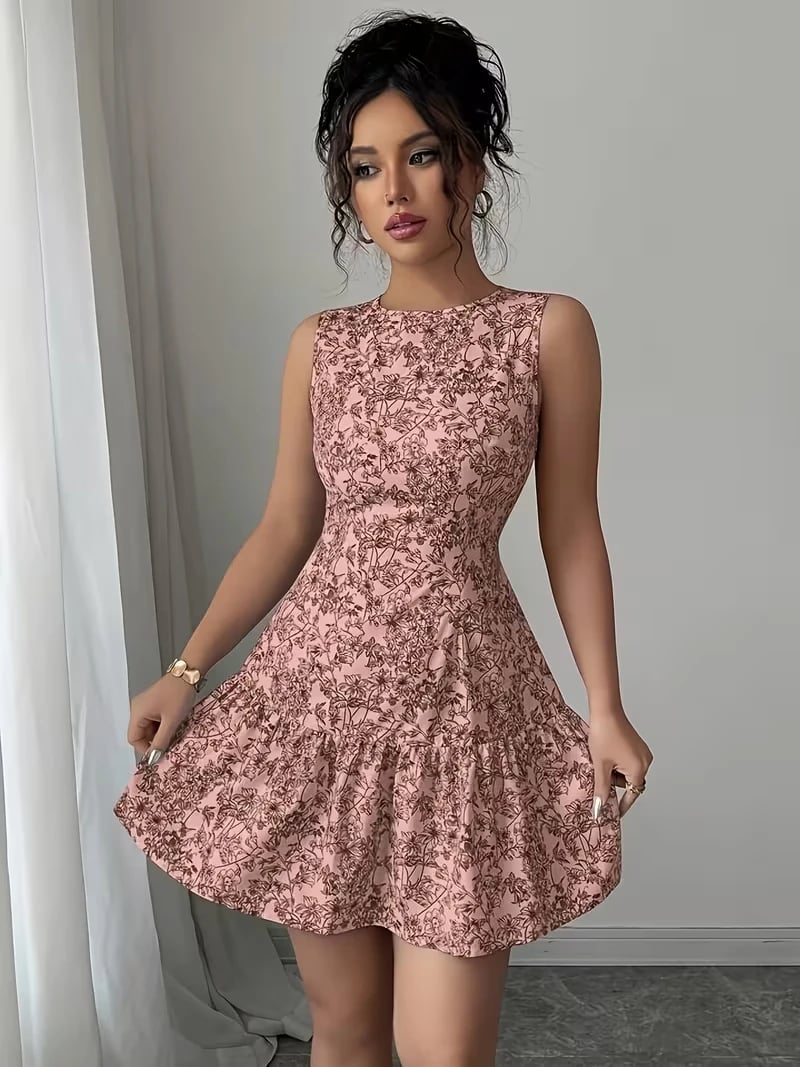 Ladies' Elegant Printed Round Neck Waist-Cinching Sleeveless Dress for Dating, Parties, Gatherings, and Commuting
